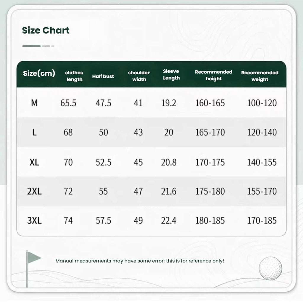 Forden Golf men’s golf polo shirt size chart