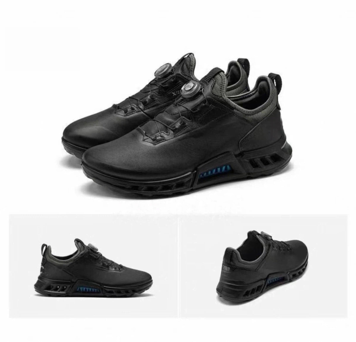 men’s breathable leather golf shoes in Black, pair and multi-angle views