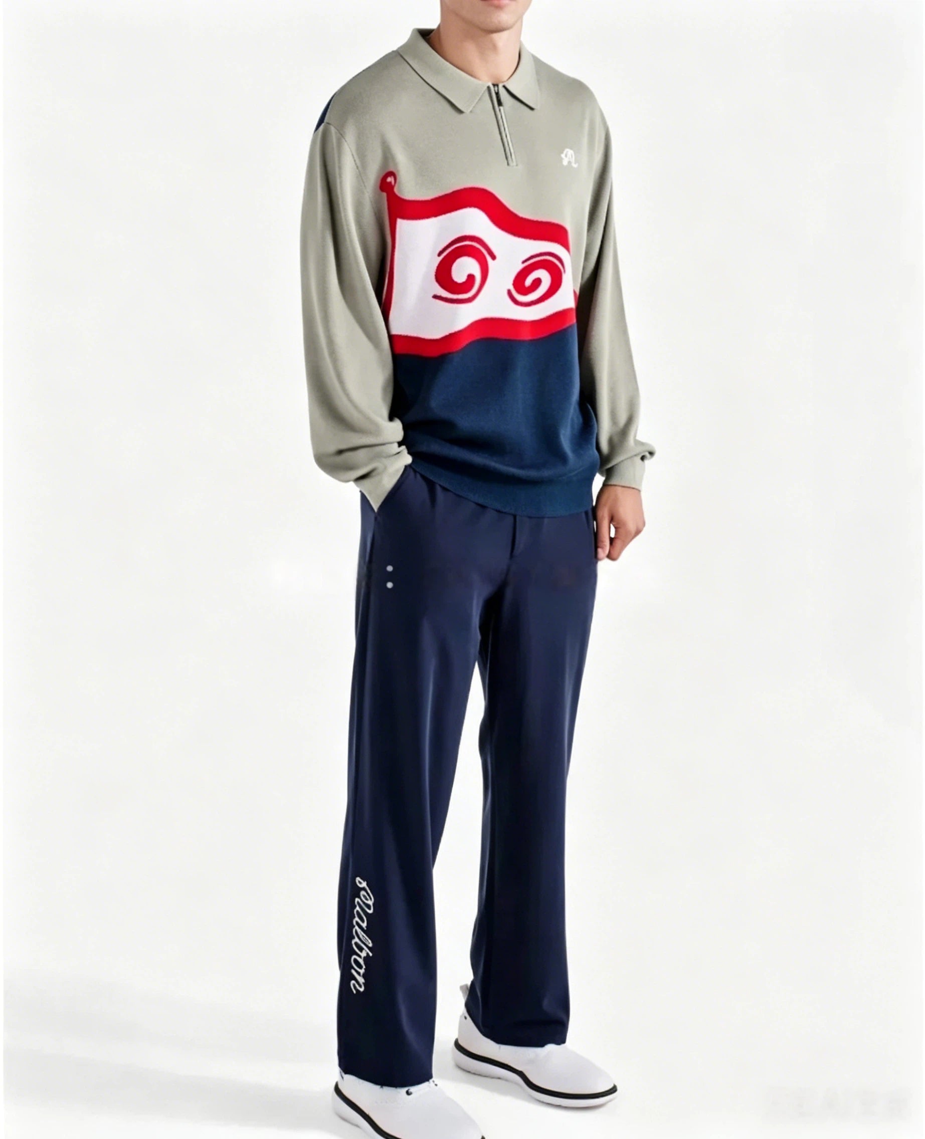 Malbon Burgee Sweater Seagrass Navy Seagrass Navy golf sweater front view