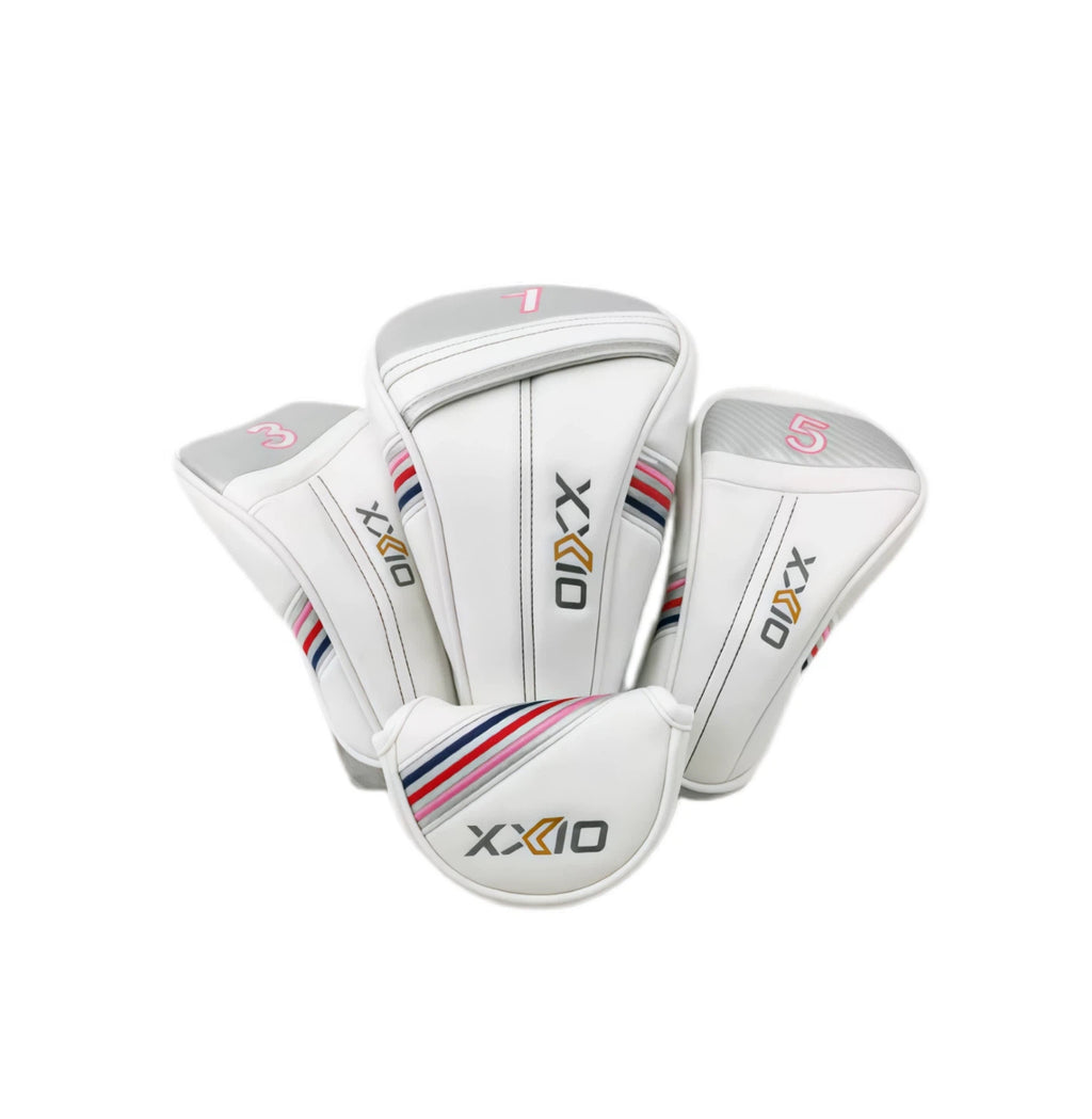 White XX10 golf headcover set with driver, 3 wood, 5 wood and mallet putter covers showing pink, navy and red stripe accents