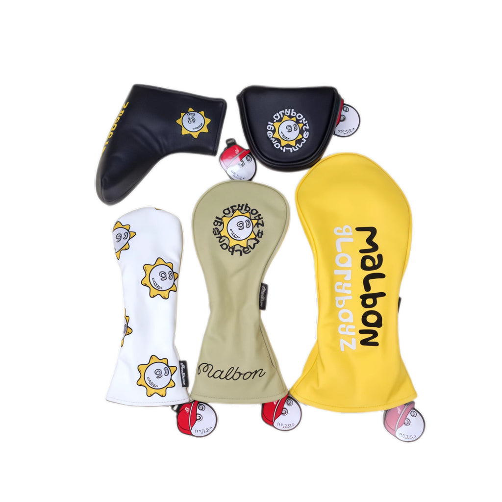 Malbon golf iron headcovers in white, yellow, olive and black with sun-face logo and putter blade and mallet covers