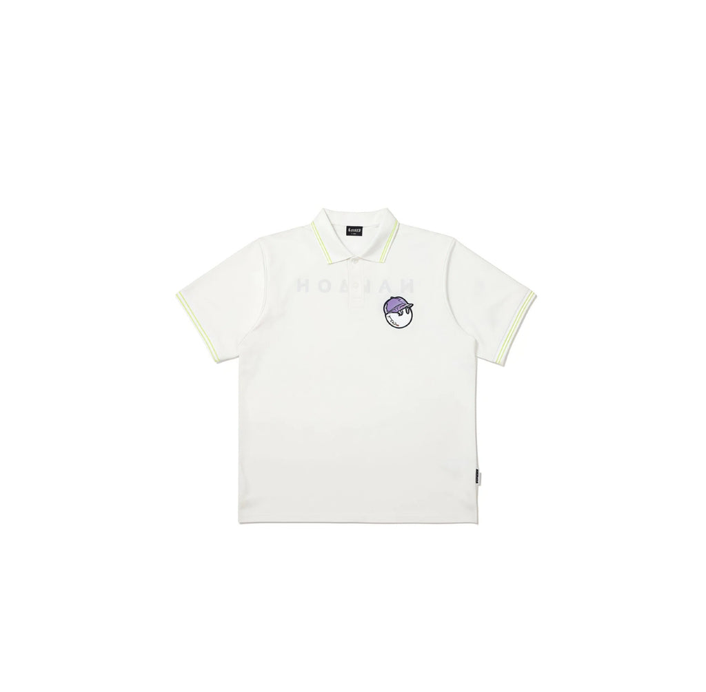 Malbon men's embroidered short-sleeve golf polo in white with contrast collar tipping and chest patch