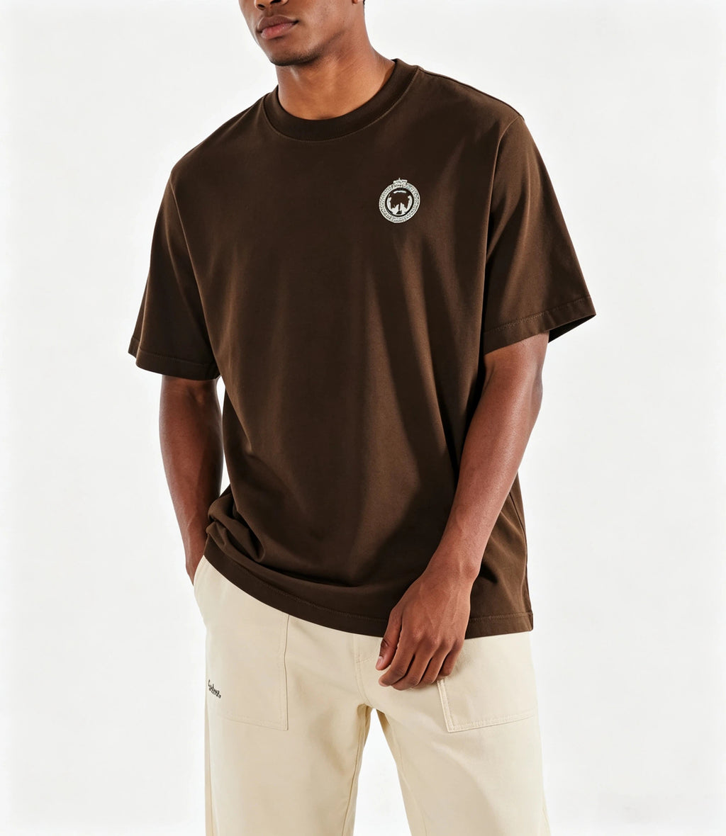 Malbon Bermuda Maxwell Graphic Golf T-Shirt Brown model front view