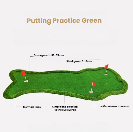 Indoor golf putting green mat detail of high-density turf fibres