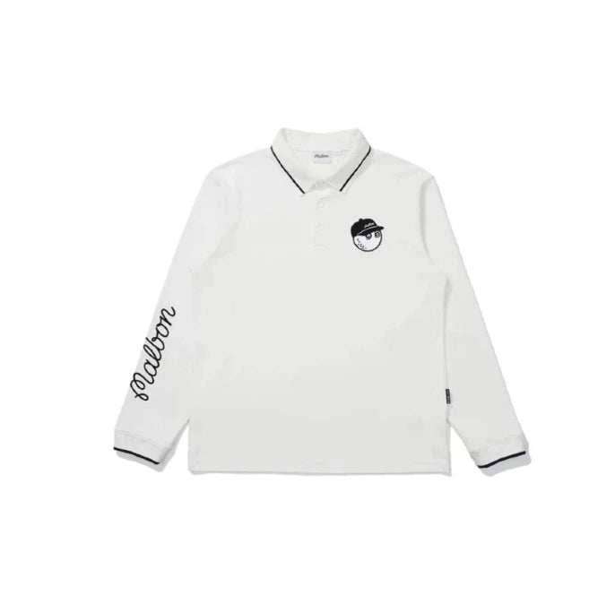 Malbon Men's Long-Sleeve Golf Polo Shirt in white — front flat lay with buckethead chest patch and Malbon sleeve embroidery