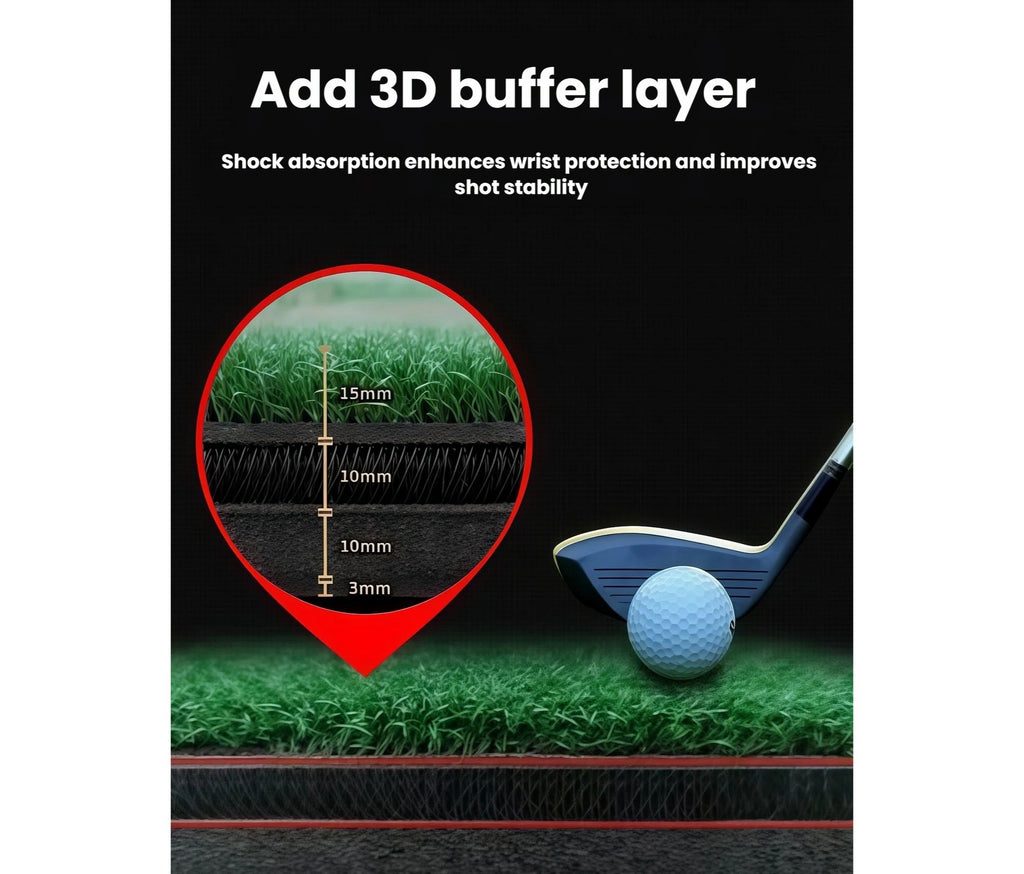 Full top-down view of the green 3D golf hitting mat with a black anti-slip bottom, set up with three tees for driving and iron practice.