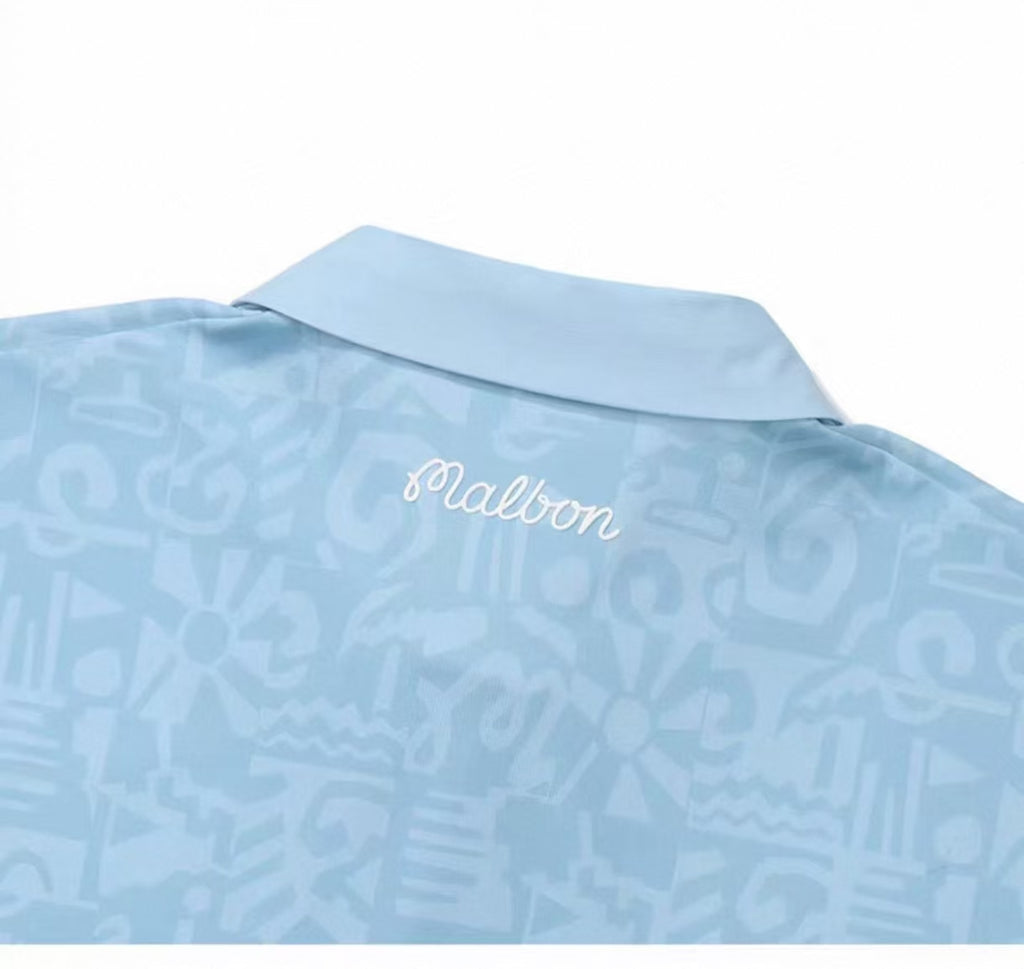 Malbon men's digital print casual golf polo shirt in Blue, lifestyle front view
