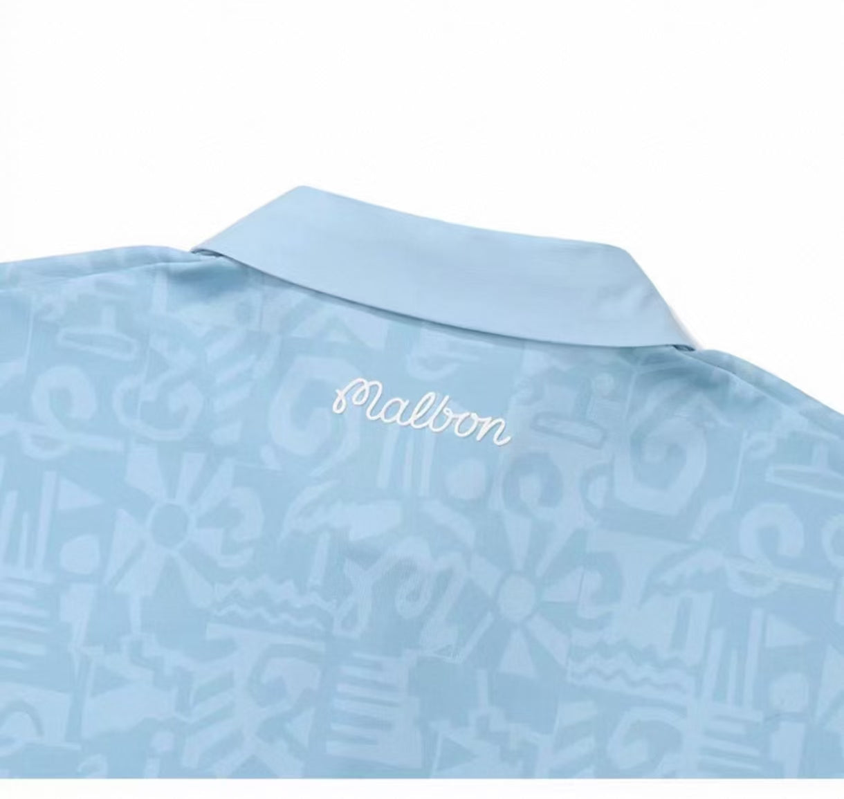 Malbon men's digital print casual golf polo shirt in Blue, lifestyle front view