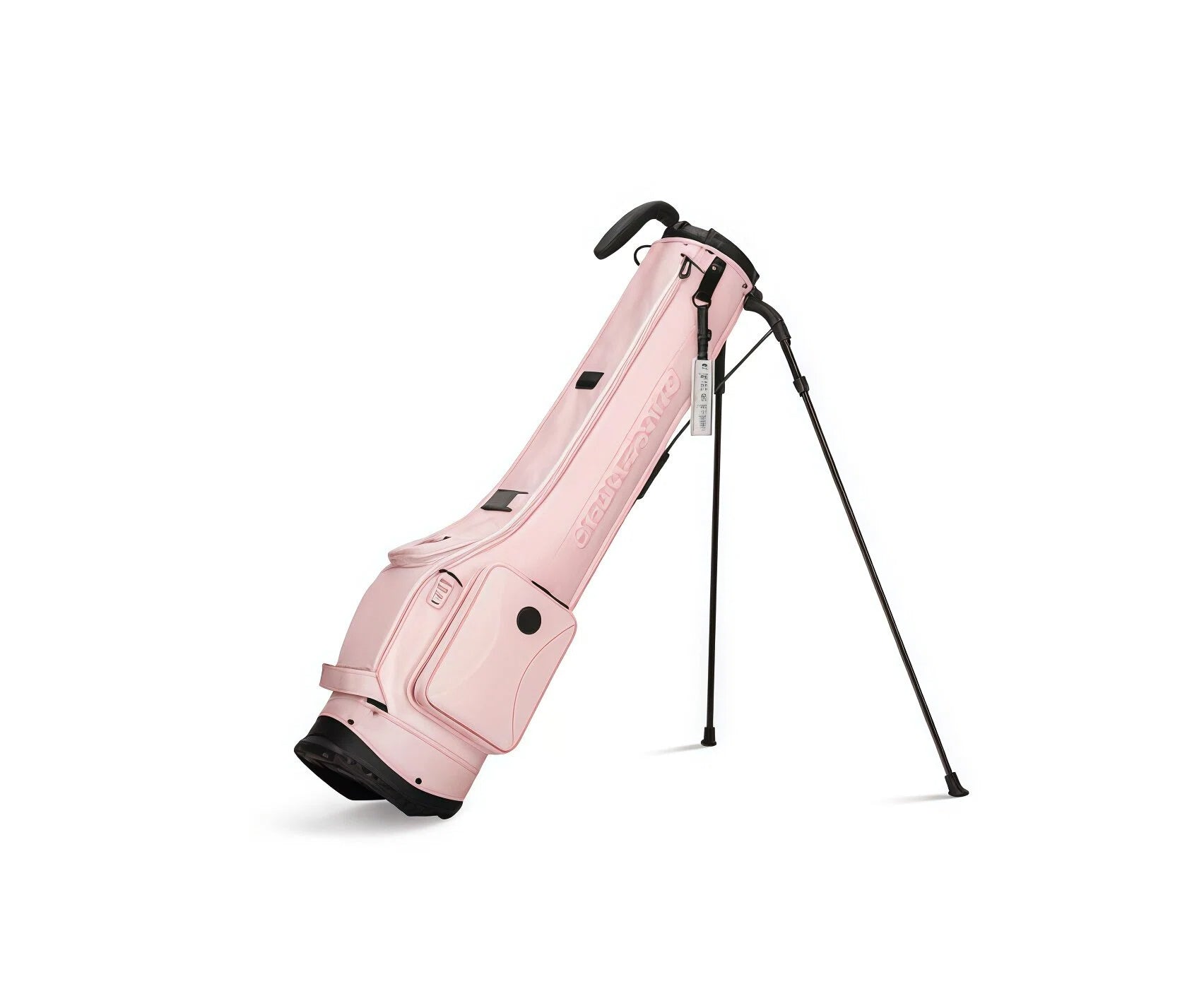 Pale pink HELIX B-Series golf stand bag on black tripod legs with padded top, hangtag and front zipped pocket
