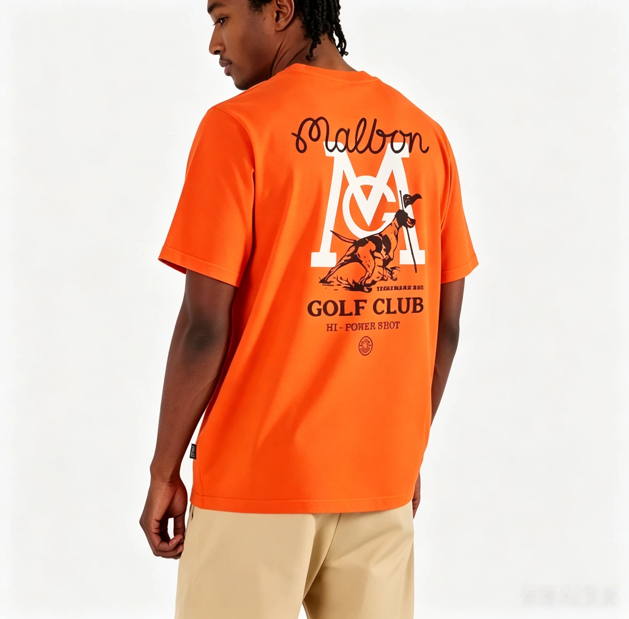 Malbon Bermuda Graphic Performance Golf T-Shirt Orange model back view