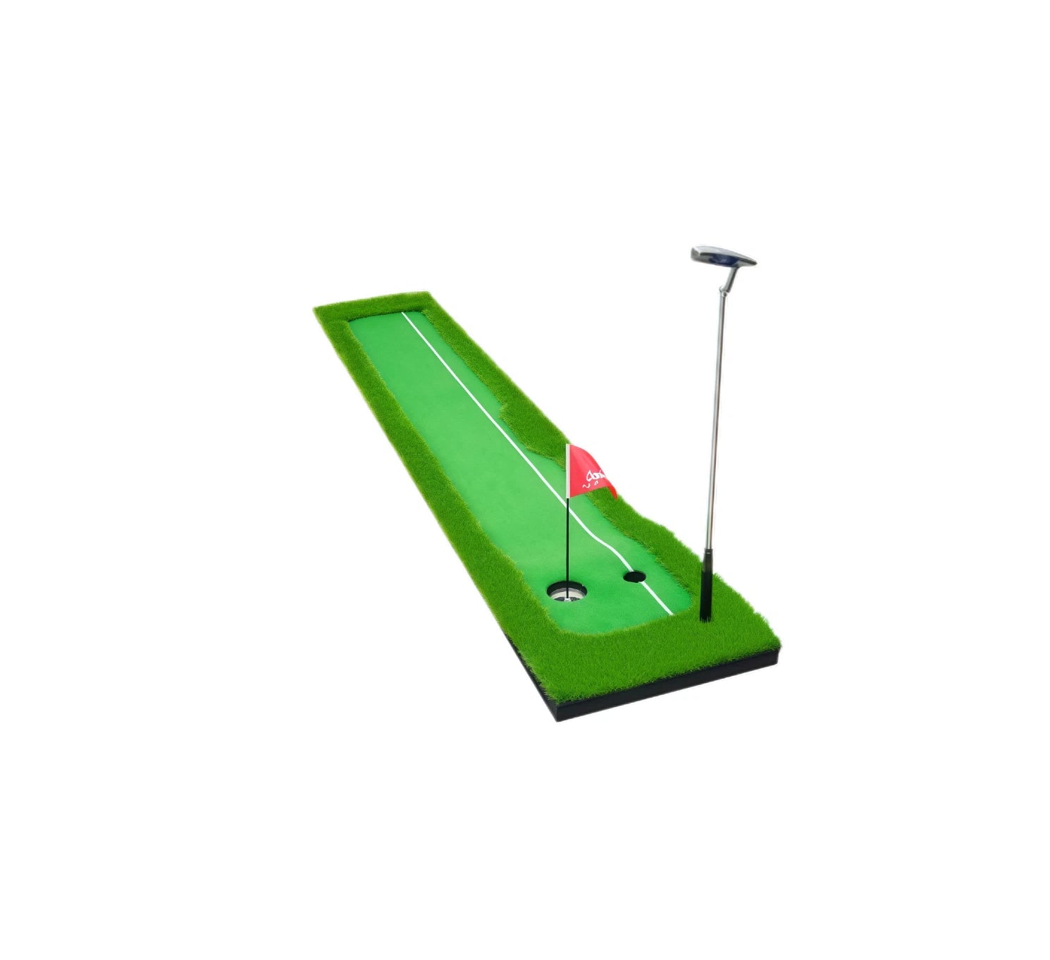 Mini green trainer putting mat lifestyle setup with flag and putter