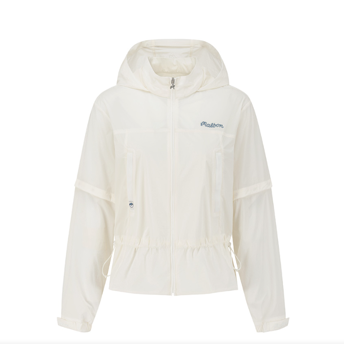 Malbon women's slim-fit UV-protection breathable hoodie in White, lifestyle view