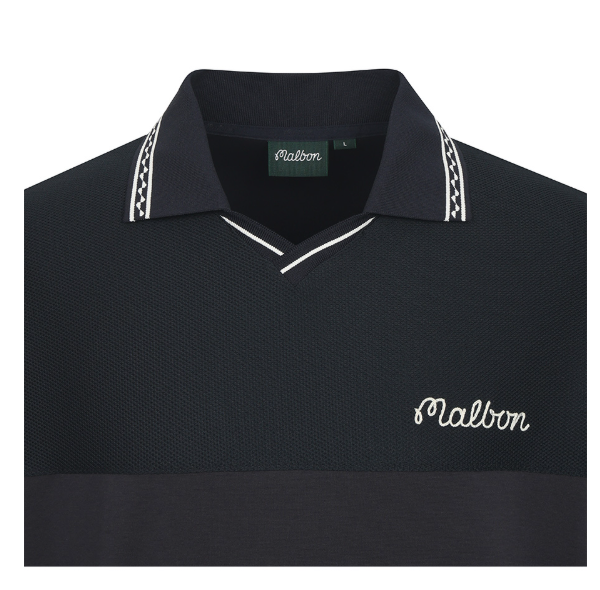 Malbon men's Casual Letter Print Golf Polo in Navy Blue, logo and fabric detail