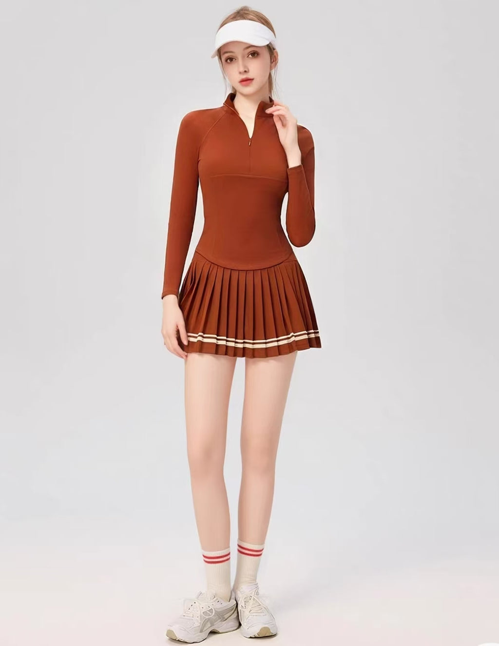 OZERO Reddish Brown golf shirt and skirt set side view
