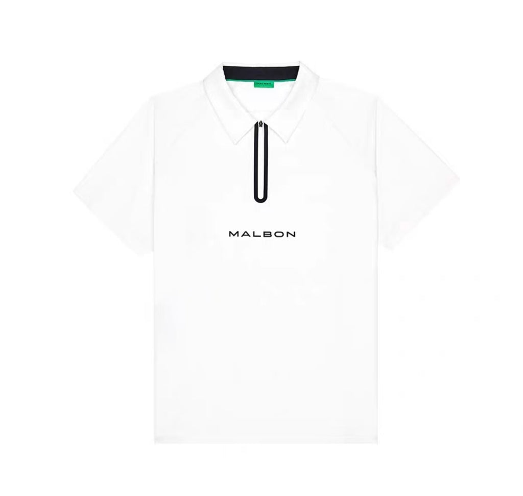 Malbon men's quarter-zip golf polo shirt in White, front view