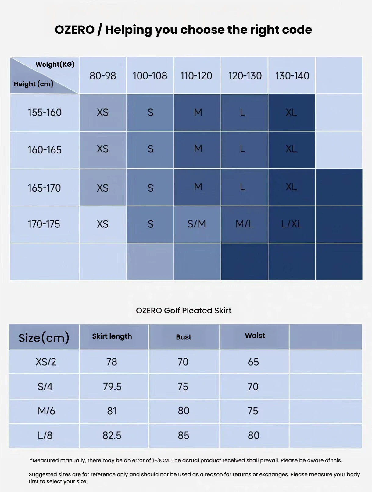OZERO women’s sleeveless golf dress size chart