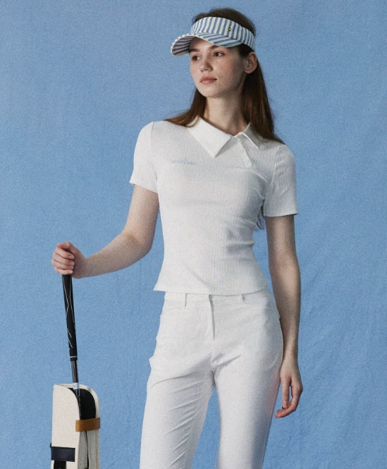 NowRose White cooling golf polo detail on model