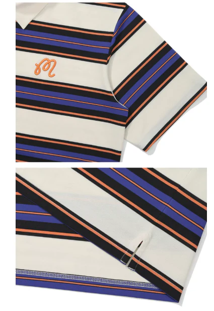 Malbon Golf Striped Polo Shirt Men Women Casual Sport Tee Blue logo and trim detail