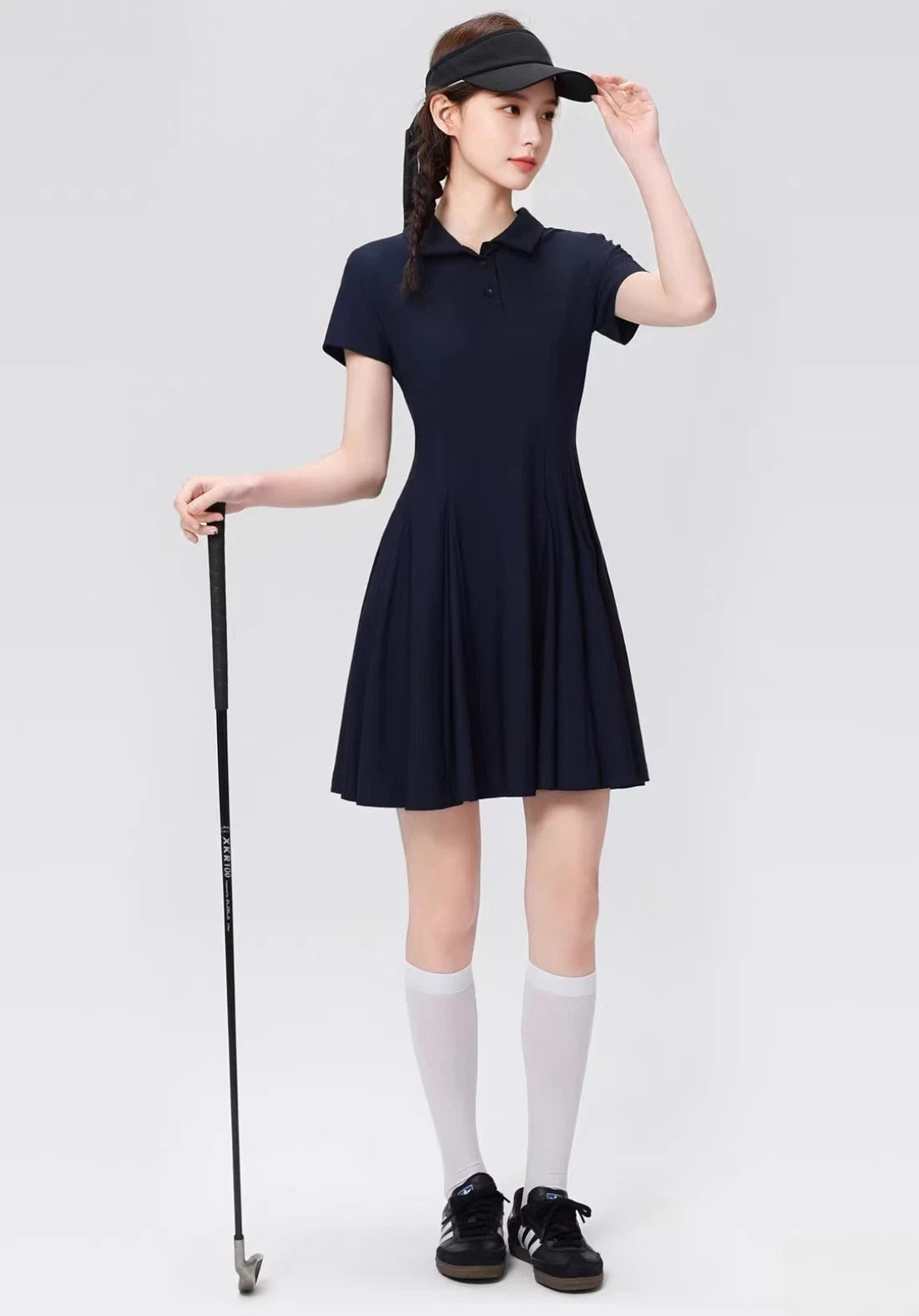 OZERO Navy A-line golf dress rear view on model