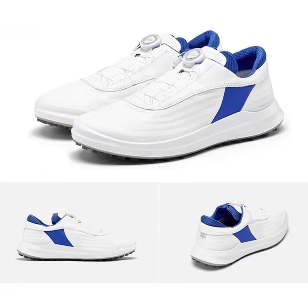 men’s waterproof leather golf shoes in White & Blue, pair and multi-angle views