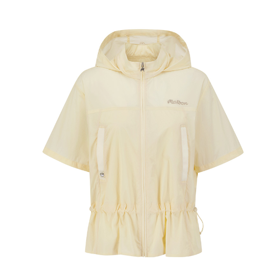 Malbon women's slim-fit UV-protection breathable hoodie in Beige, collar and logo detail