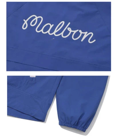 Malbon Women Golf Jacket Detachable Sleeve Hooded Windbreaker Blue logo and trim detail