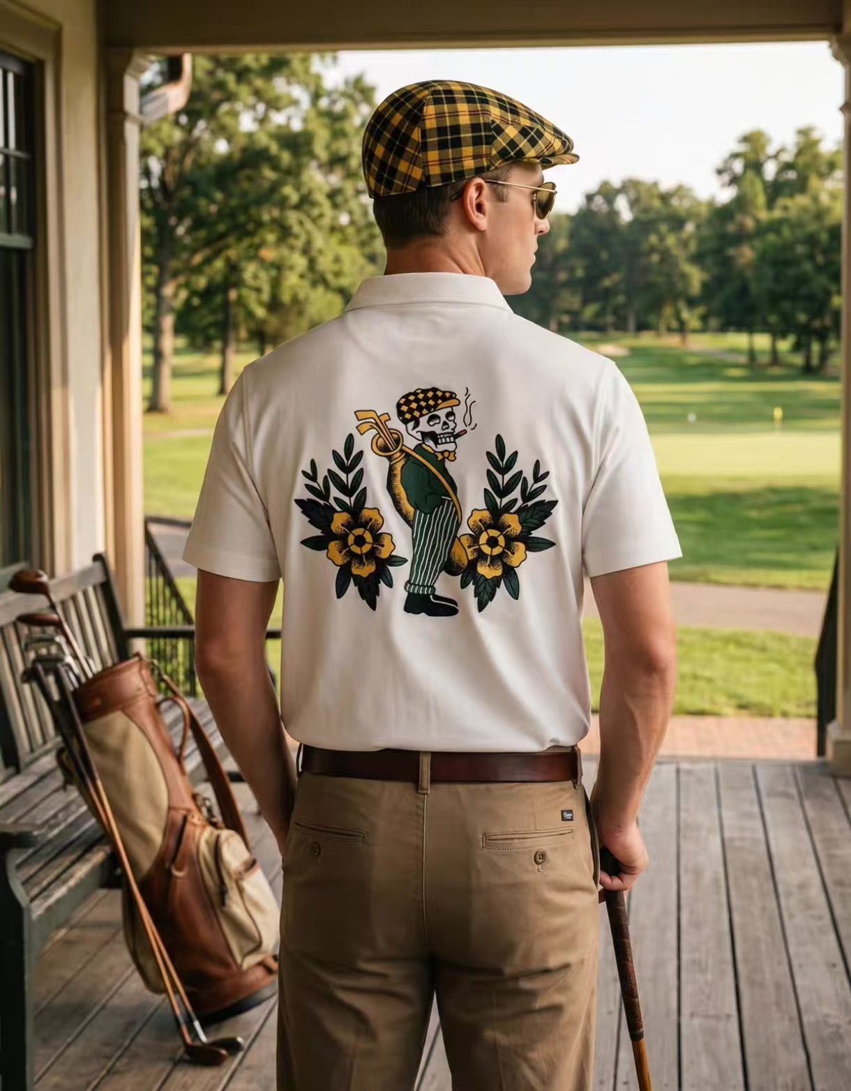 Devereux Golf Men’s Vintage Breathable Back Graphic Polo Shirt in White - product view