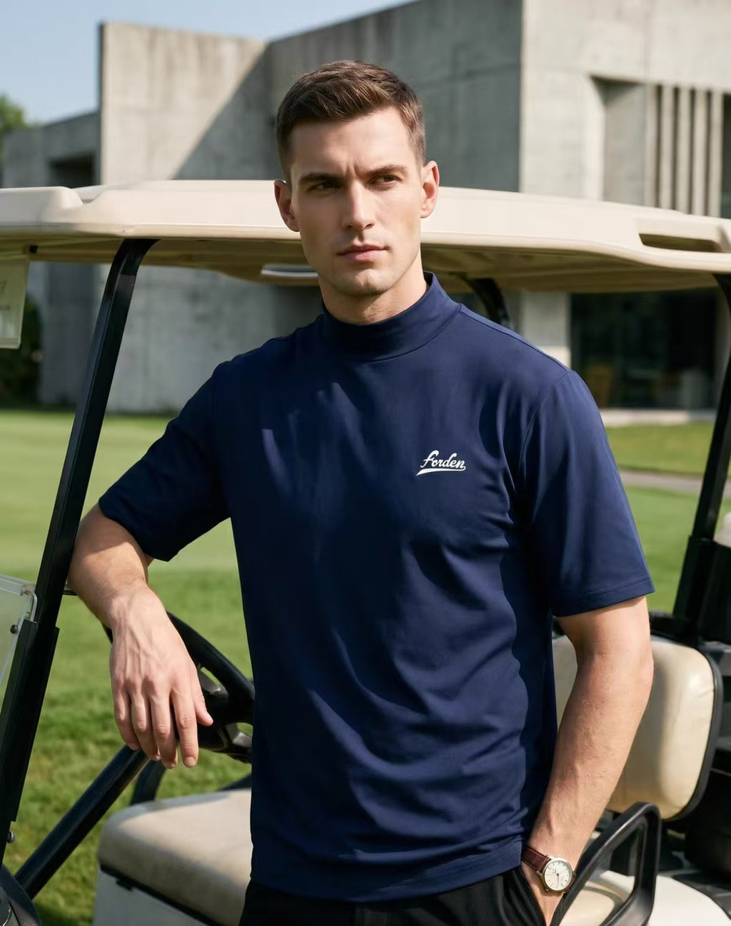 Forden Navy golf top front model view