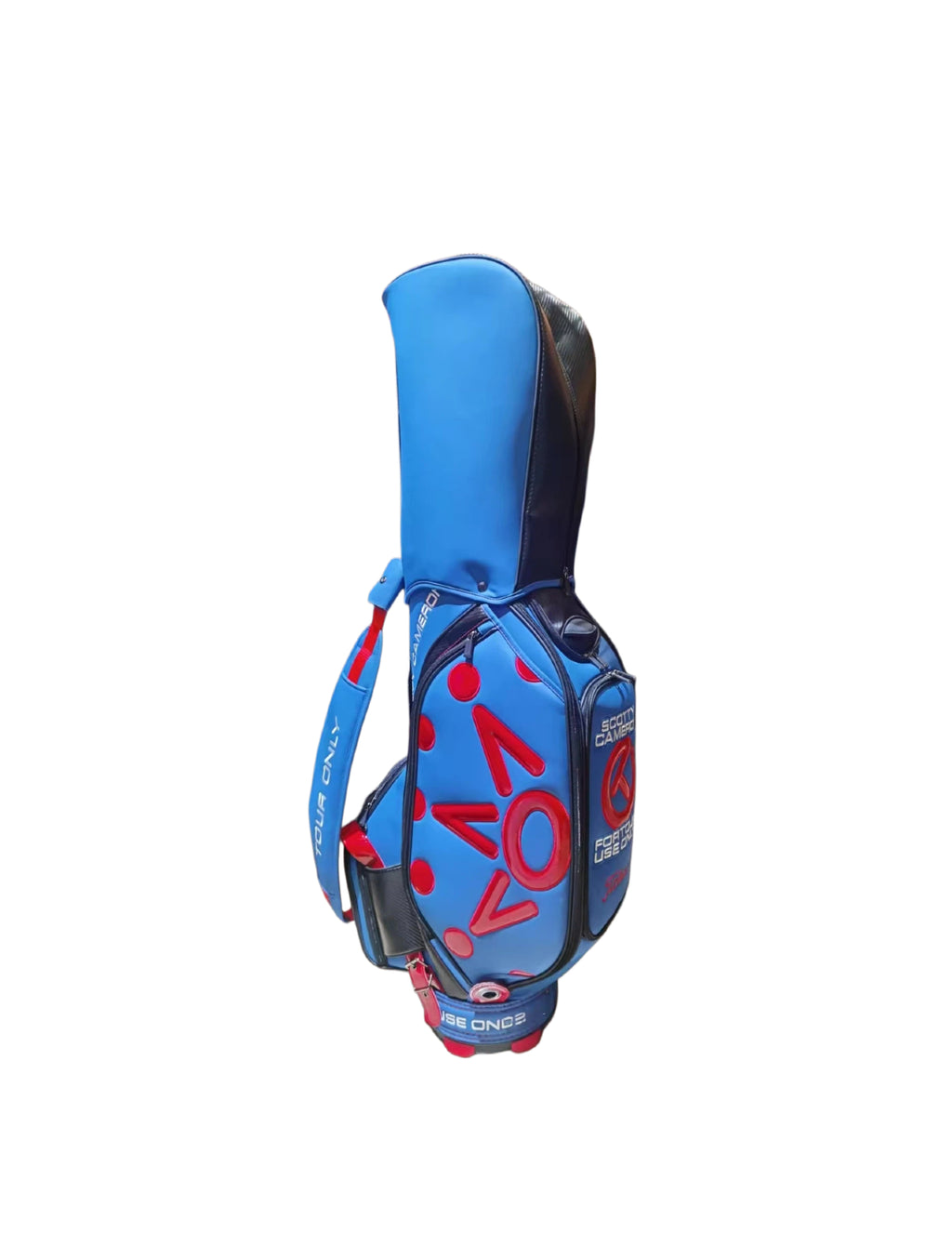 Blue Scotty Cameron Tour Only staff bag with red graphic motifs, For Tour Use Only branding and shoulder strap