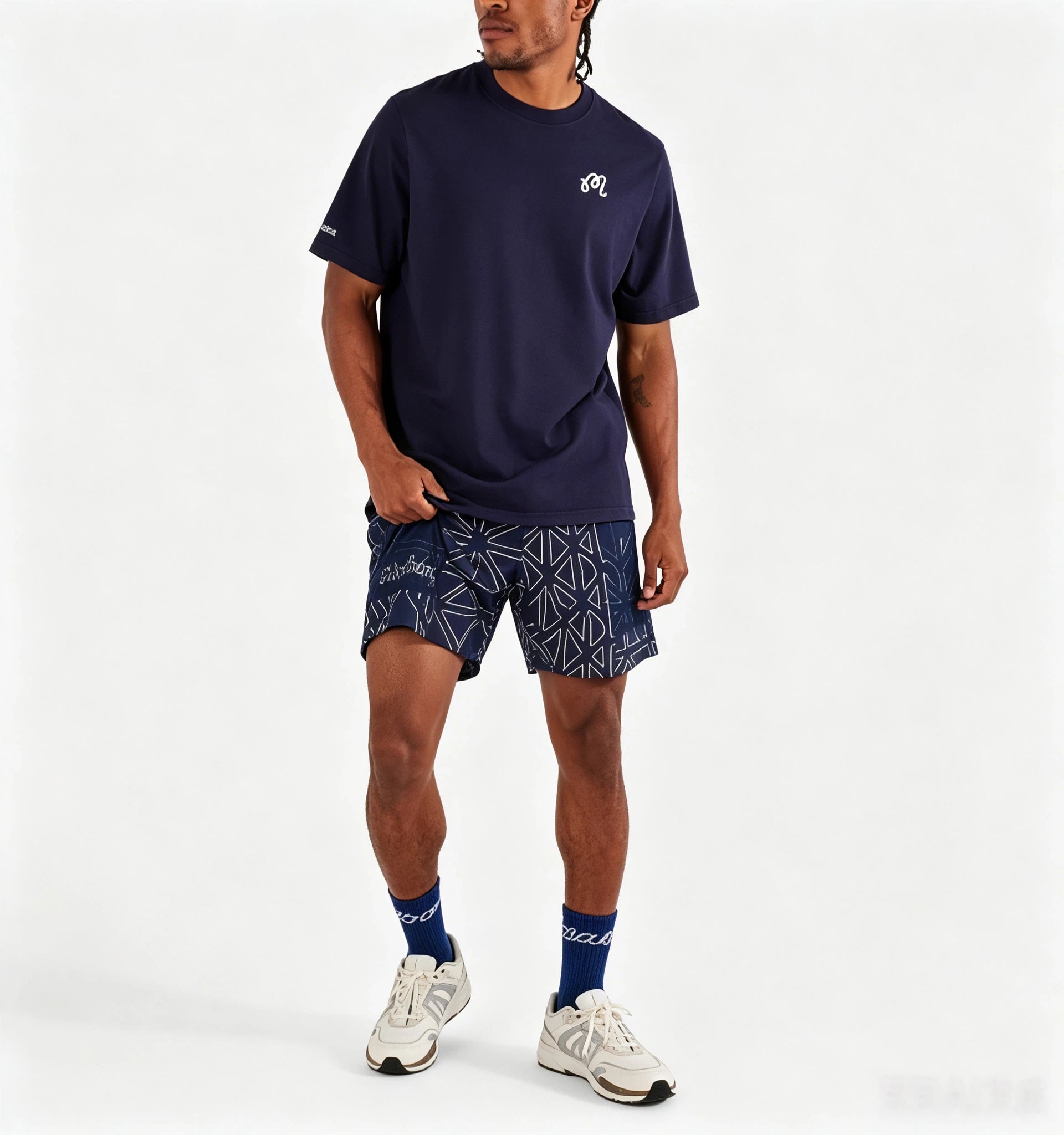 Malbon unisex crewneck training golf T-shirt in Navy - model front view