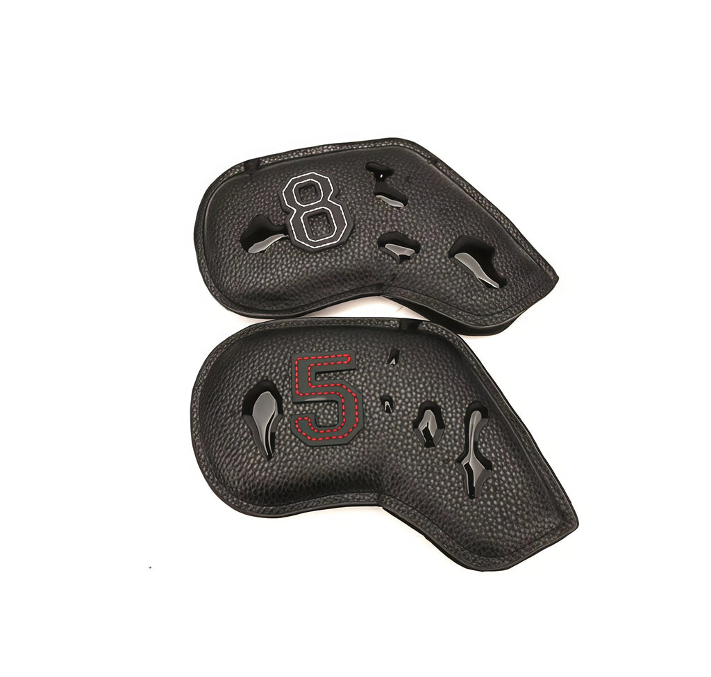Rear view of two black PU iron headcovers showing ventilation cutouts for airflow and moisture control — one with white-stitched “8”, other with red-outlined “5”; double-sided numbering adds convenience and style