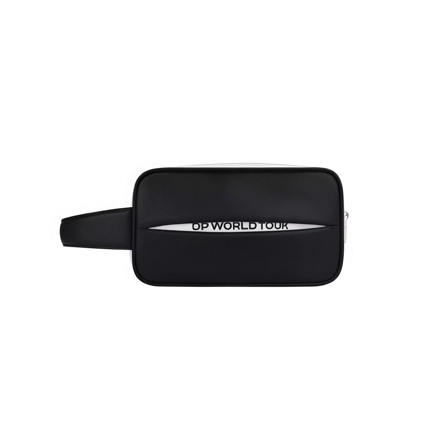 Back side of the European Tour golf pouch displaying the "DP WORLD TOUR" text in white against a black background. Minimalist and professional design for golf enthusiasts.