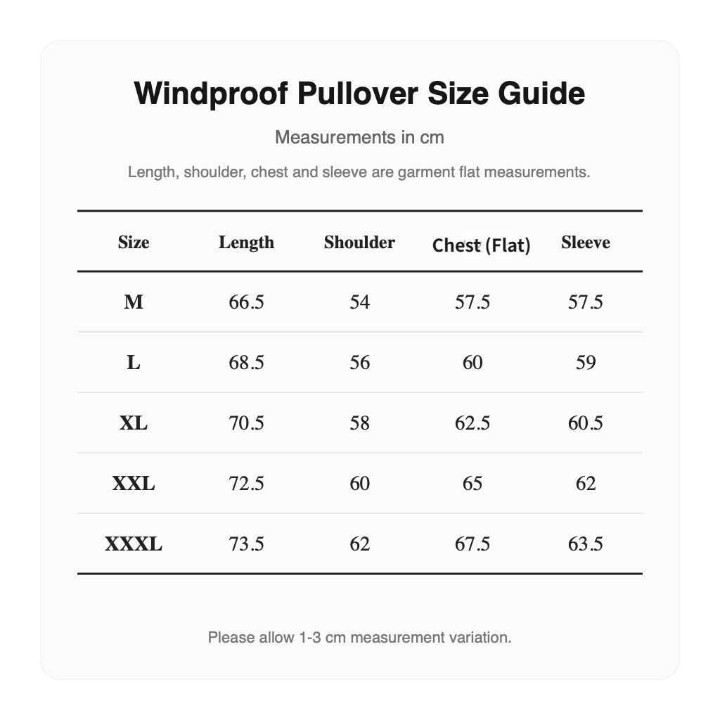 Malbon Lightweight Stretch Windproof Pullover Black size chart
