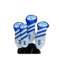 Set of 4 Callaway golf wood headcovers in classic blue and white with diagonal stripes — labeled 1 (driver), 3, 5, and X (hybrid); features embroidered “Callaway” logo, premium PU leather texture, and snug fit for maximum club protection during play or travel
