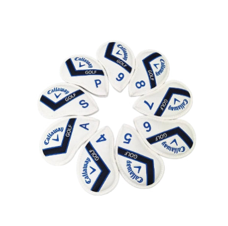 Callaway golf iron headcovers in white with navy blue chevron logo — arranged in circle, labeled 4–9, P, S, A — durable soft-shell design for scratch-free storage and stylish bag organization