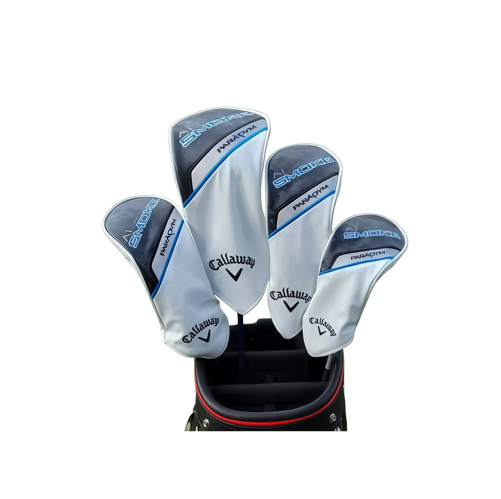 Set of 4 Callaway golf headcovers featuring Smoke AI and Paradym branding — sleek silver/blue design with black accents, embroidered logos, and tailored fit for drivers, fairway woods, and hybrids; displayed in golf bag for real-world context