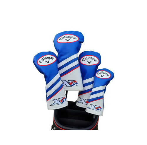 Set of 4 Callaway XR golf wood headcovers in vibrant blue and white with red accent stripes — includes driver, 3-wood, 5-wood, and hybrid covers; features embroidered “Callaway” logo, bold “XR” branding, and soft interior lining for scratch-free protection