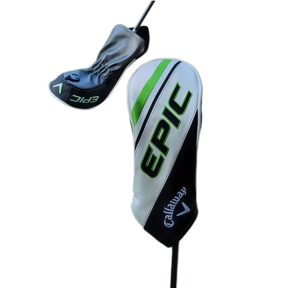 Callaway EPIC golf driver headcover featuring white body with green EPIC logo and black side panel, offering stylish protection for golf clubs.