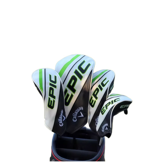 Side view of Callaway EPIC golf wood headcovers set showing shaft insertion and white body with green and black accents, designed for secure fit and protection.