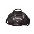 Black Callaway Exia Premium Golf Boston Bag with silver "Callaway" logo and carbon-fiber-style texture. Includes top handles, detachable shoulder strap, and brand tag. Designed for luxury and performance.