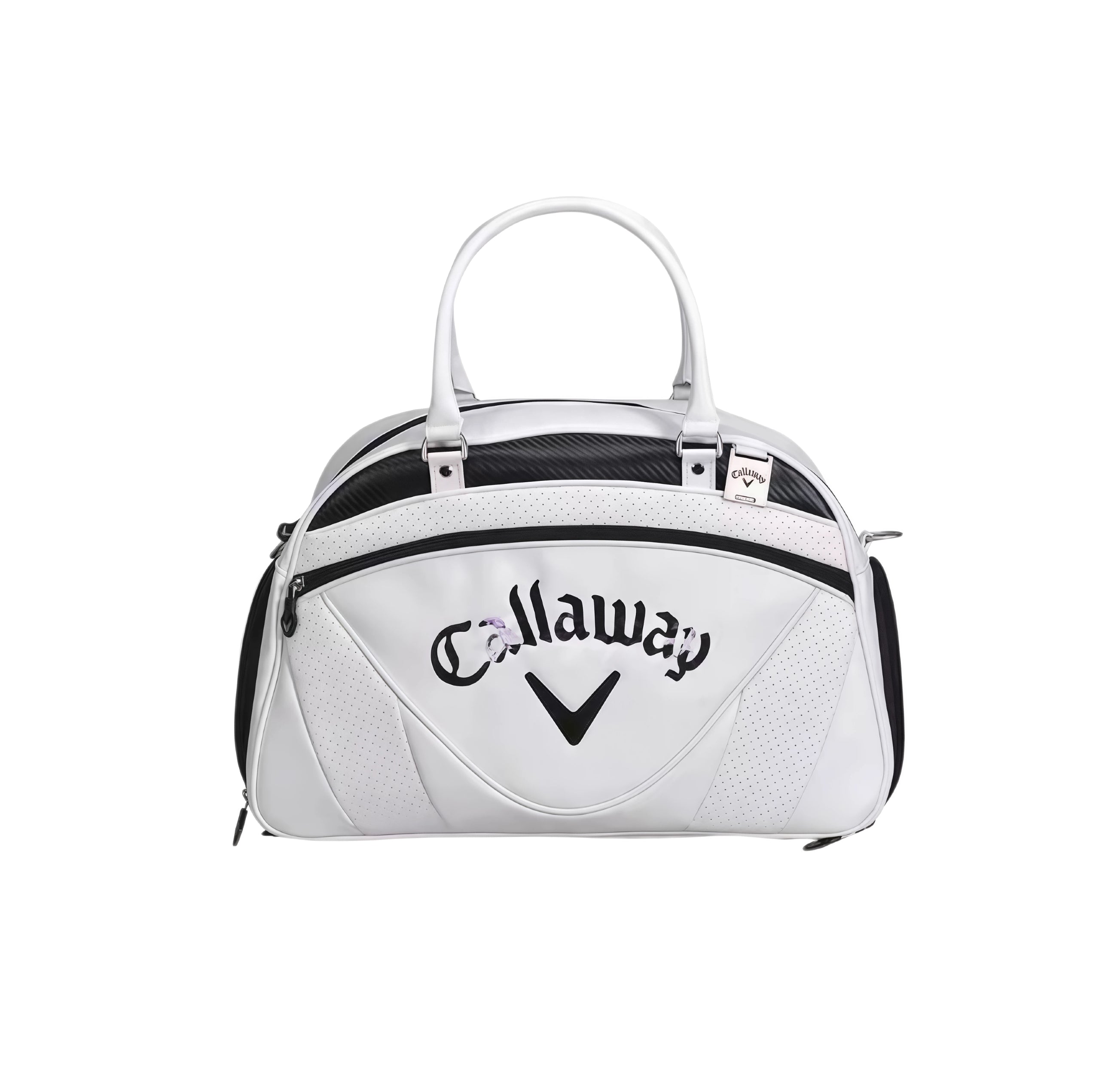 White Callaway duffel bag with perforated panels, black carbon trim, and prominent Callaway logo. Ideal for golf, gym, or travel.