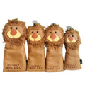 Front view of a set of four cartoon lion golf headcovers featuring brown faux fur manes, embroidered faces with big noses and black eyes, and tan PU bodies with "HI! GOLF NRC LEO" text printed on the front.
