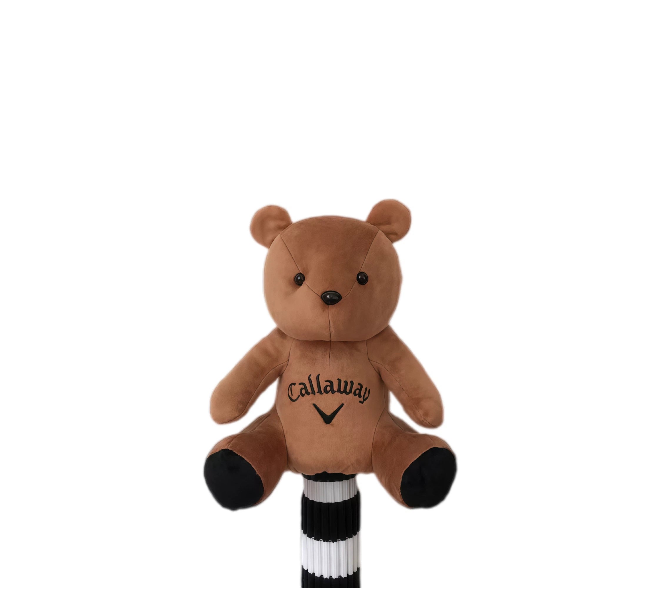 Brown cartoon plush bear golf headcover with black tip feet and black Callaway logo, compatible with driver and fairway woods, featuring soft plush texture and durable construction.