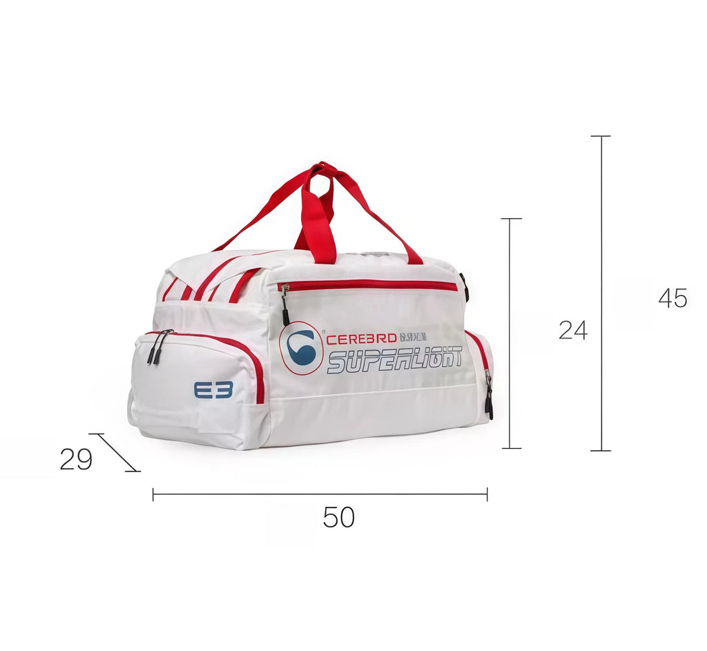 White Cerebro golf duffel bag with labeled dimensions: 50cm length, 29cm width, and 45cm height. Ideal size for travel and storage.
