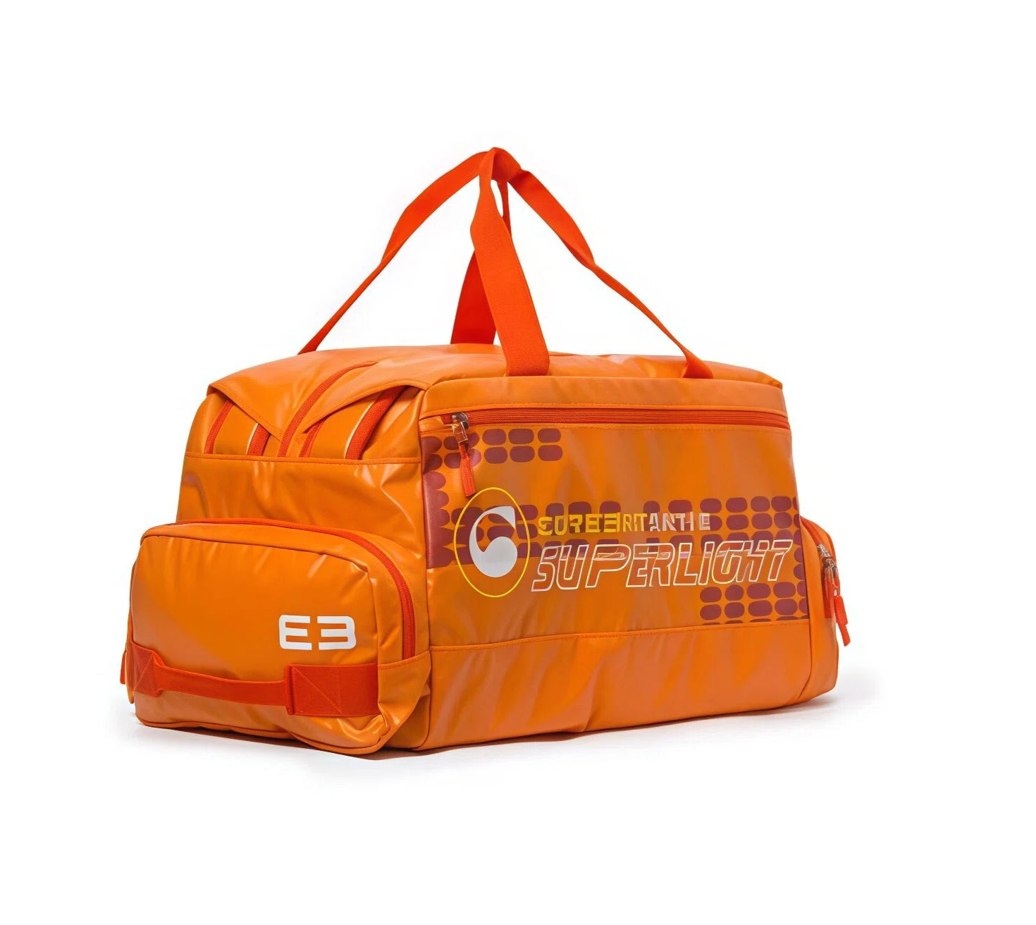 Orange Cerebro golf duffel bag featuring bold design, zippered compartments, and dedicated shoe pocket. Perfect for active golfers and travelers.