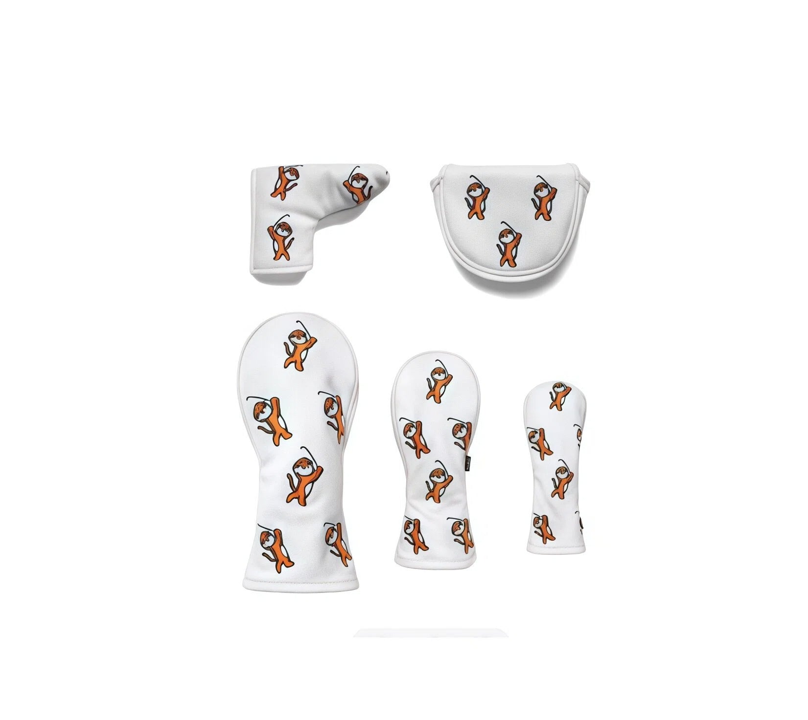 Full view of a complete white golf headcover collection featuring cartoon tigers in action poses, including driver, fairway, hybrid, blade putter, and mallet putter covers for full bag protection.