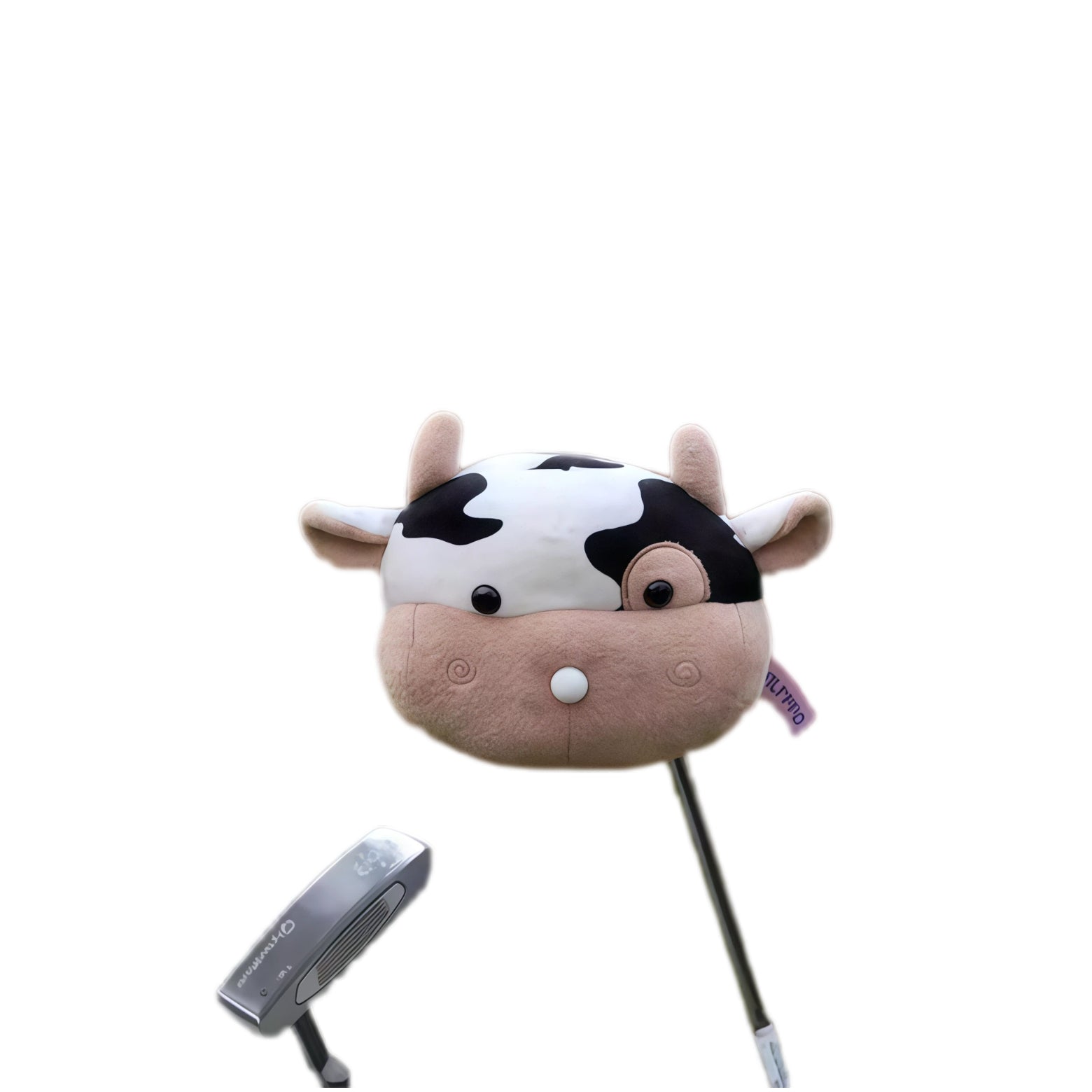 Adorable cow plush golf driver headcover with black and white spots, featuring soft fabric,and cute facial details, designed to protect your 1 wood club while adding a playful touch to your golf bag.