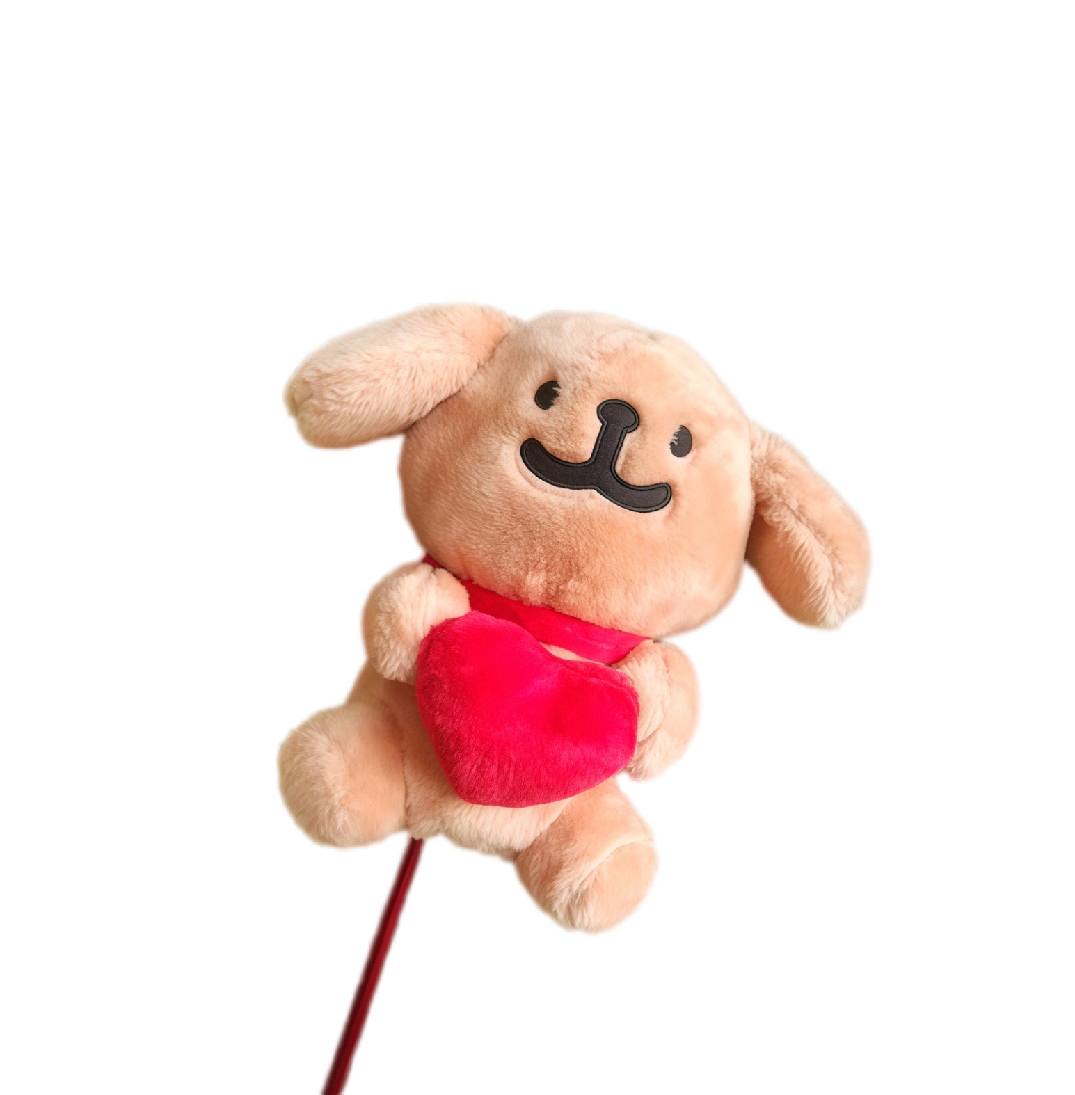 Adorable beige plush puppy golf driver headcover holding a red heart, featuring soft fur, cute black eyes, and a friendly smile, designed to protect your 1 wood club with a sweet and playful animal-themed design.