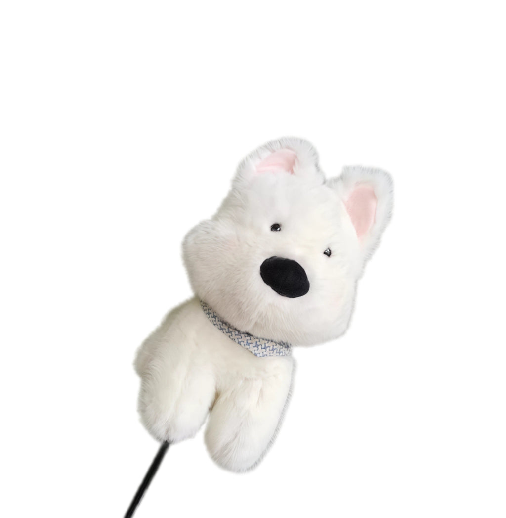 Cute Westie golf headcover featuring white plush with blue patterned collar, compatible with driver, fairway woods, and irons for a cute and protective design.