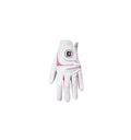 FootJoy HyperFLX women's left-hand golf glove in white with pink accents, featuring premium Cabretta leather and a modern, athletic design.